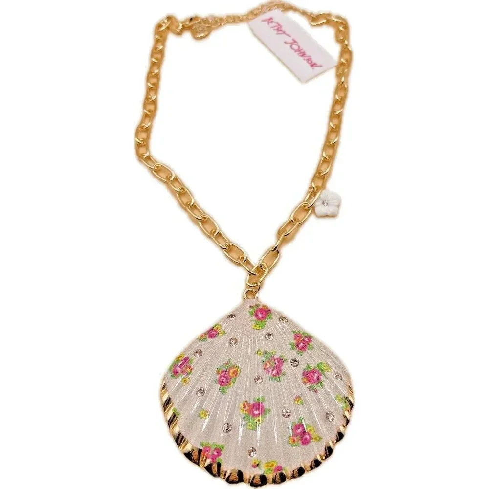 Betsey Johnson Gold Chain Floral Print Seashell Pendant & Matching Earrings Set